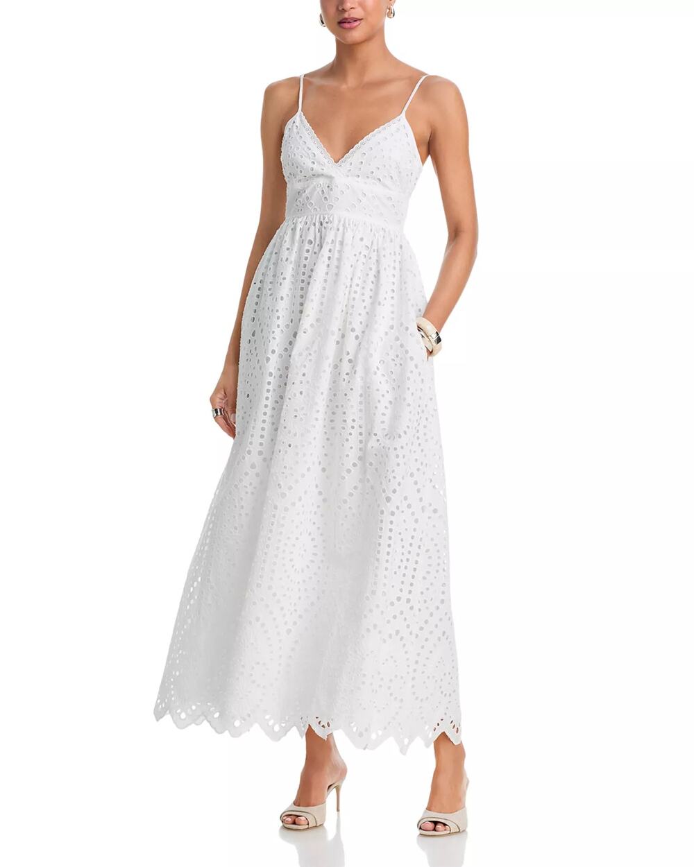 French Connection Women White Cotton Eyelet Trini Fit & Flare Maxi Dress Size 8
